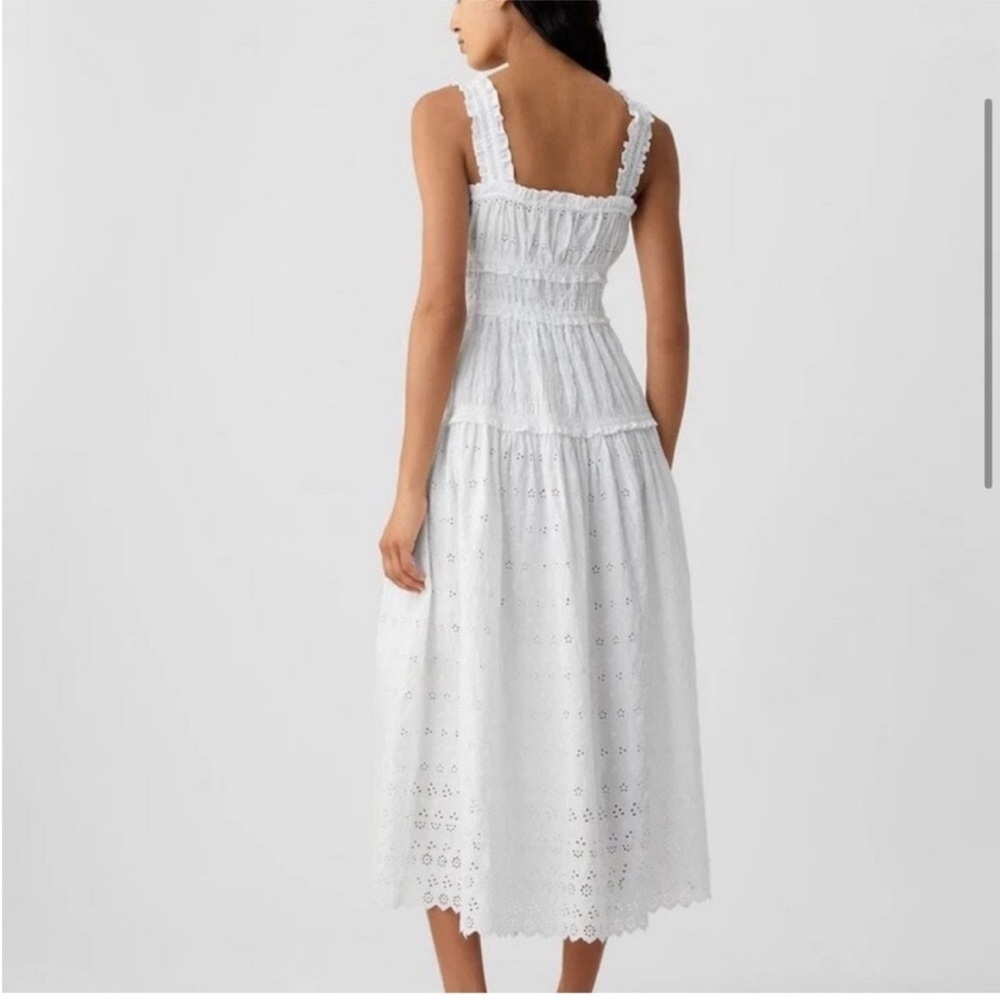 Smocked White Eyelet Midi Dress with Ruffle Straps